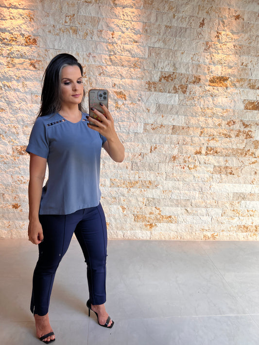Blusa Manga Detalhe Pedras - Liso Azul 5152