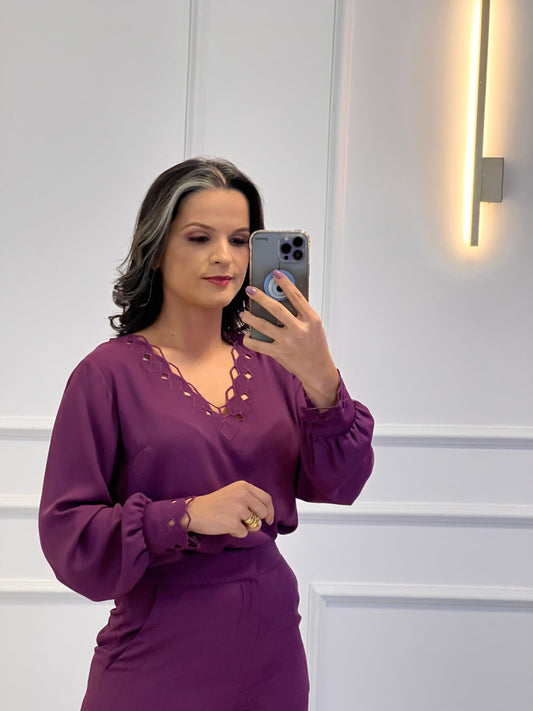 Crepe Embroidered Long Sleeve Blouse - Purple