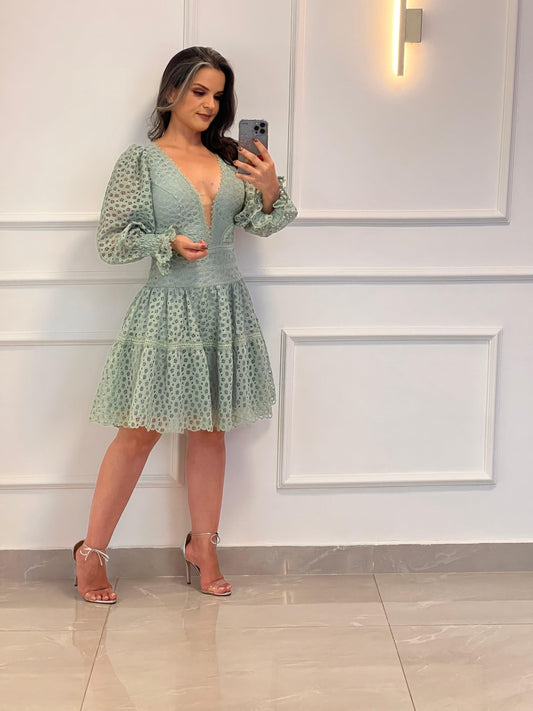 Vestido Curto Manga Longa - Liso Verde 4894
