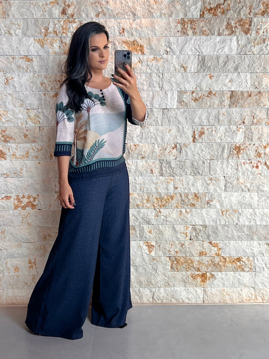 Calça Pantalona YU - Liso Azul Marinho 5146
