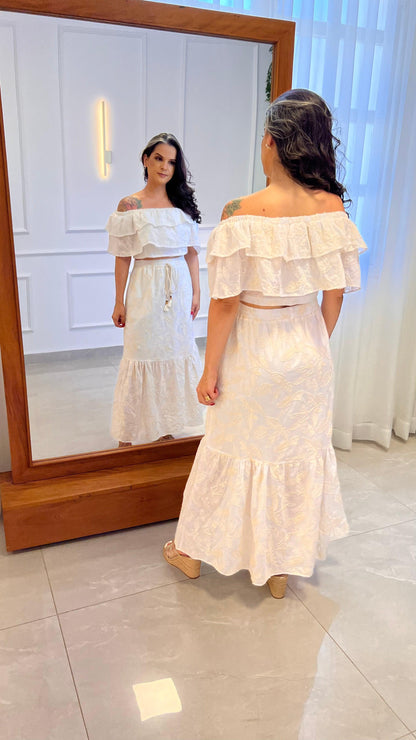 Conjunto Ombro a Ombro Bordado Saia e Cropped - Off/ Branco 4927