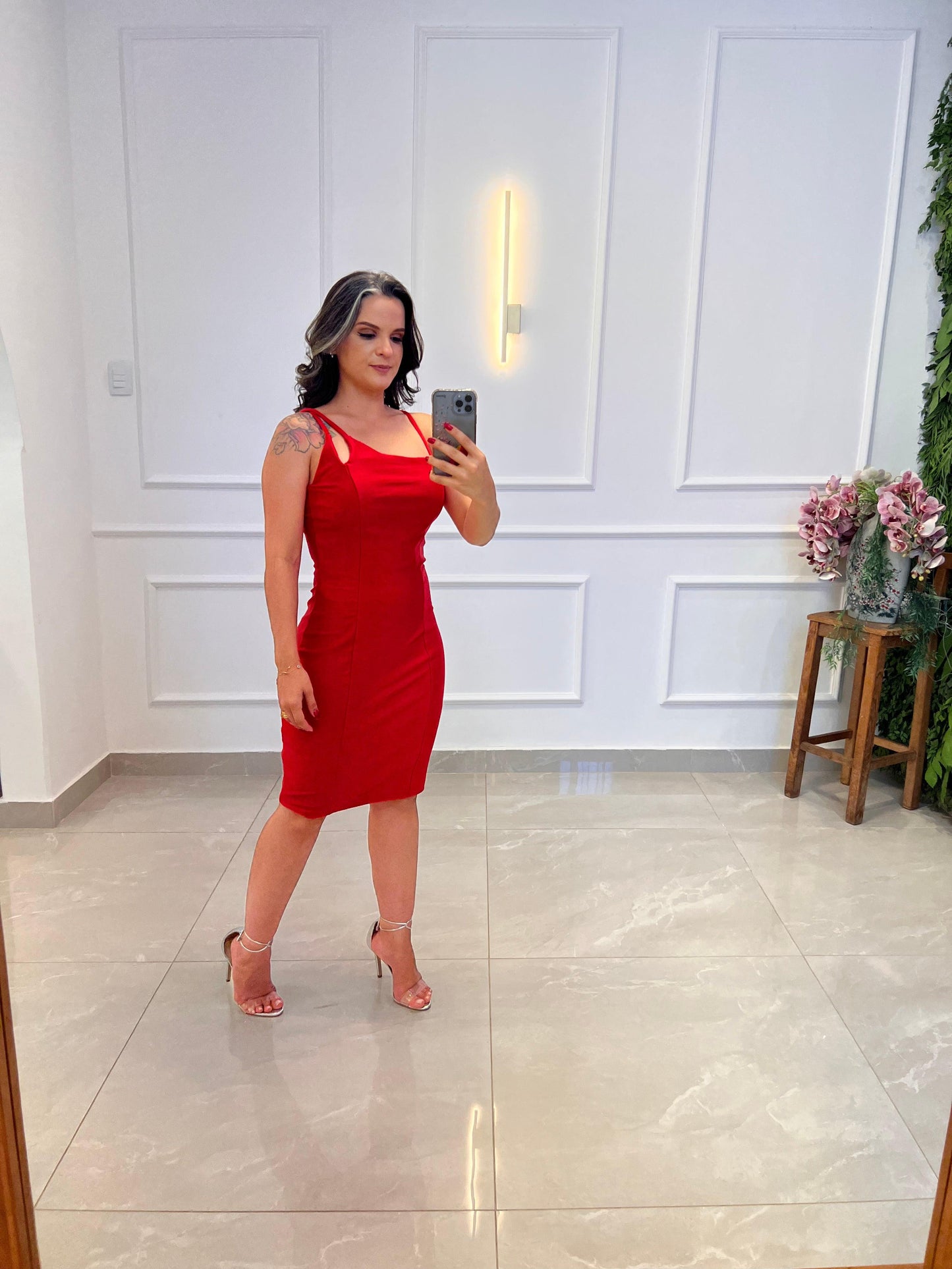 Vestido Curto Malha Power Alça Abertura- Liso Vermelho 4938