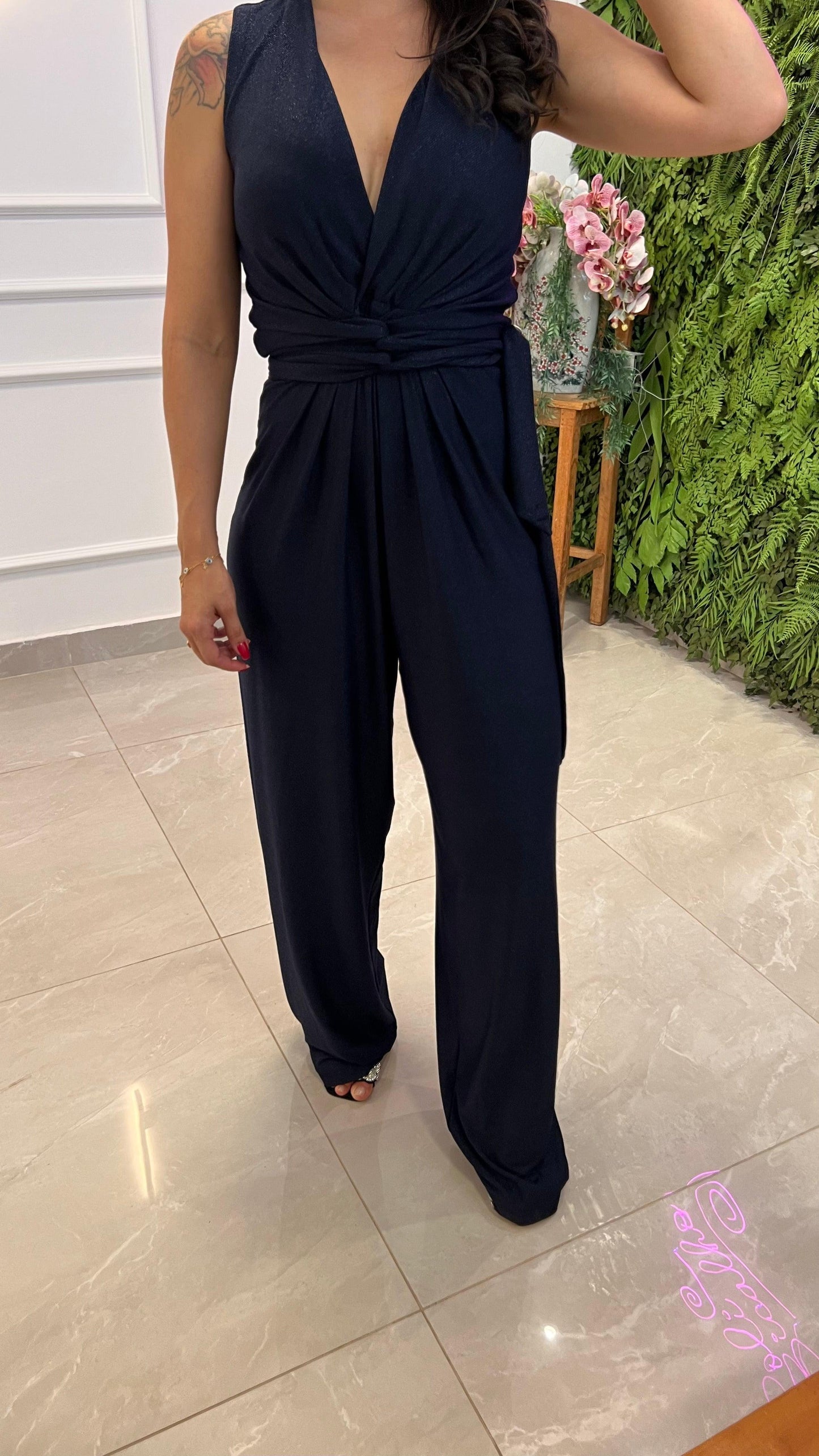 Macacão Pantalona Lurex Jersey -  Liso Azul Marinho 4936