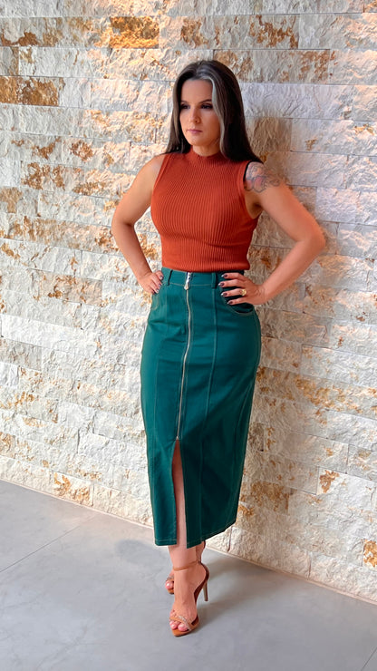 Saia Midi Pespontada Ziper Frontal- Liso Verde 5116