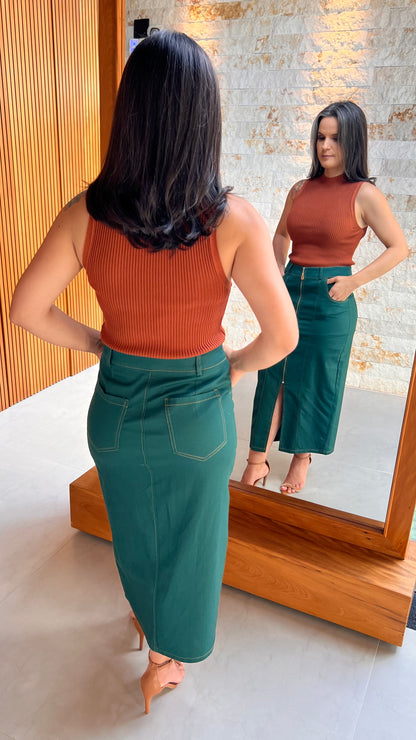 Saia Midi Pespontada Ziper Frontal- Liso Verde 5116
