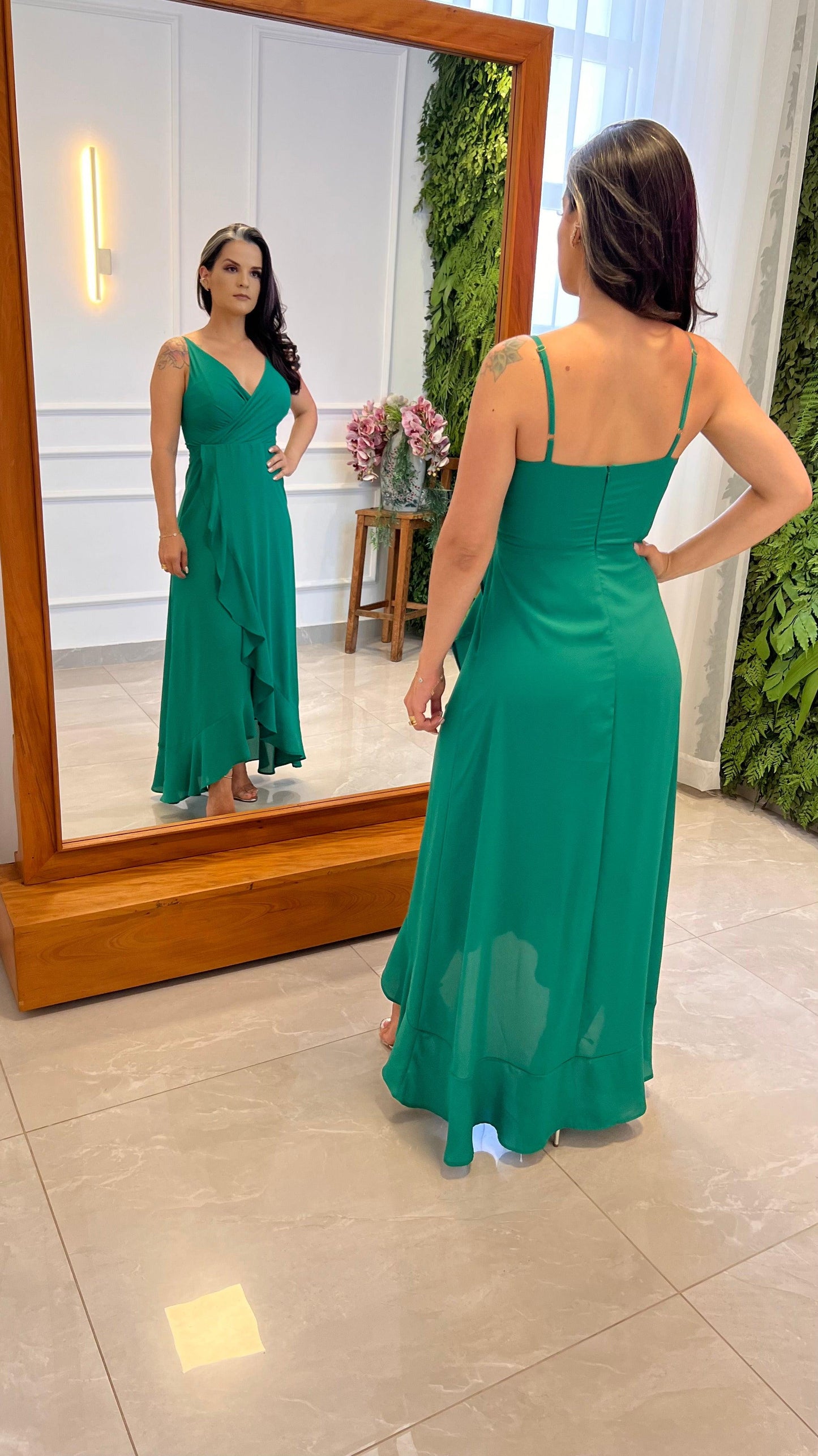 Vestido Longo Mullet Babado- Liso Verde 4943