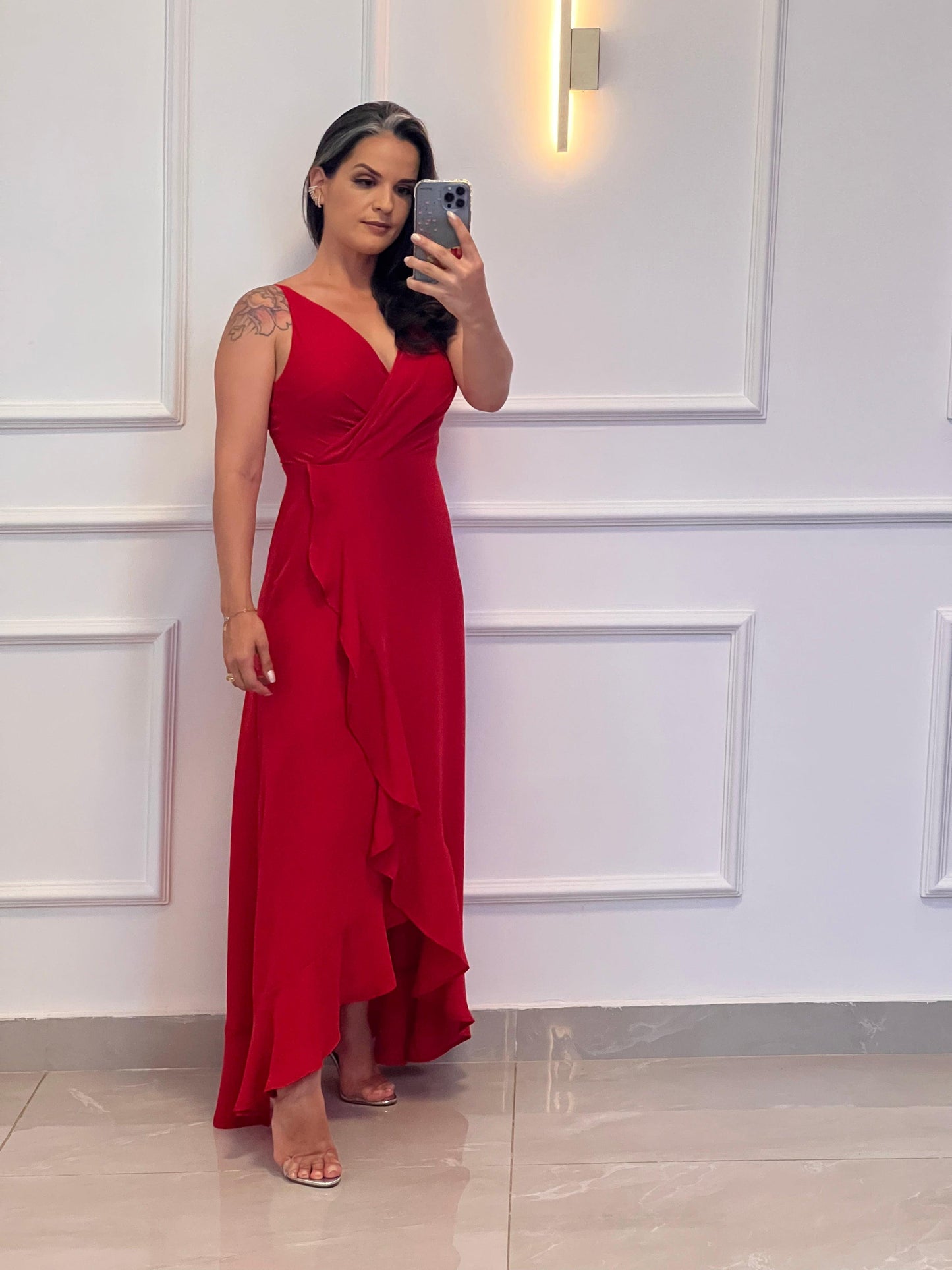Vestido Longo Mullet Babado- Liso Vermelho 4943