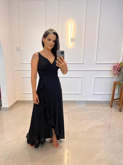 Vestido Longo Mullet Babado- Preto 4943