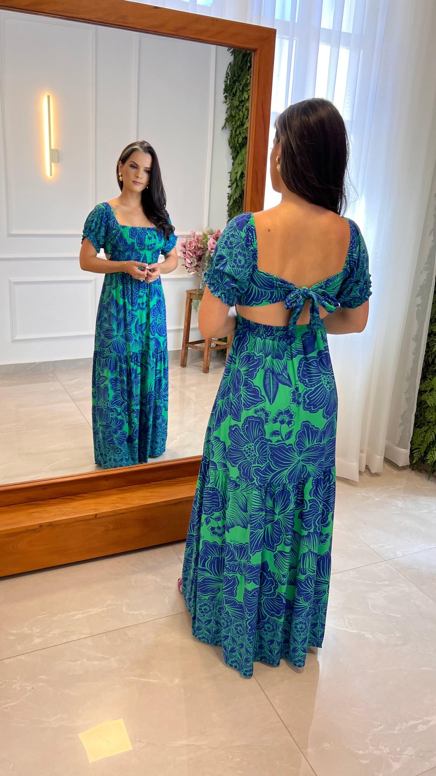 Vestido Longo Lastex Amarração ARTE- Estampado Azul 4987