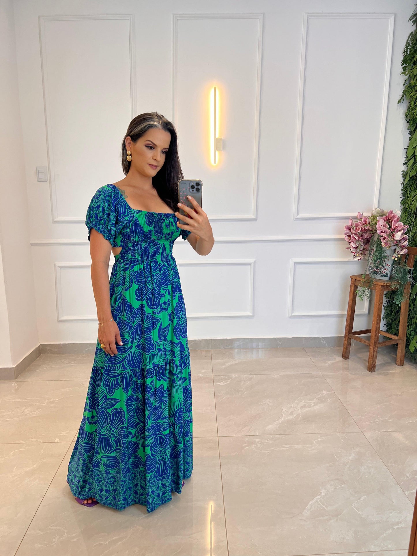 Vestido Longo Lastex Amarração ARTE- Estampado Azul 4987