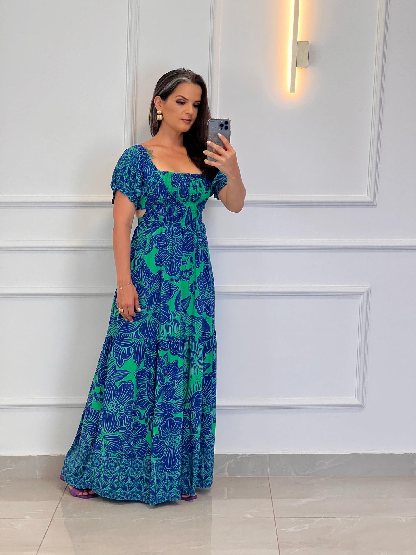 Vestido Longo Lastex Amarração ARTE- Estampado Azul 4987