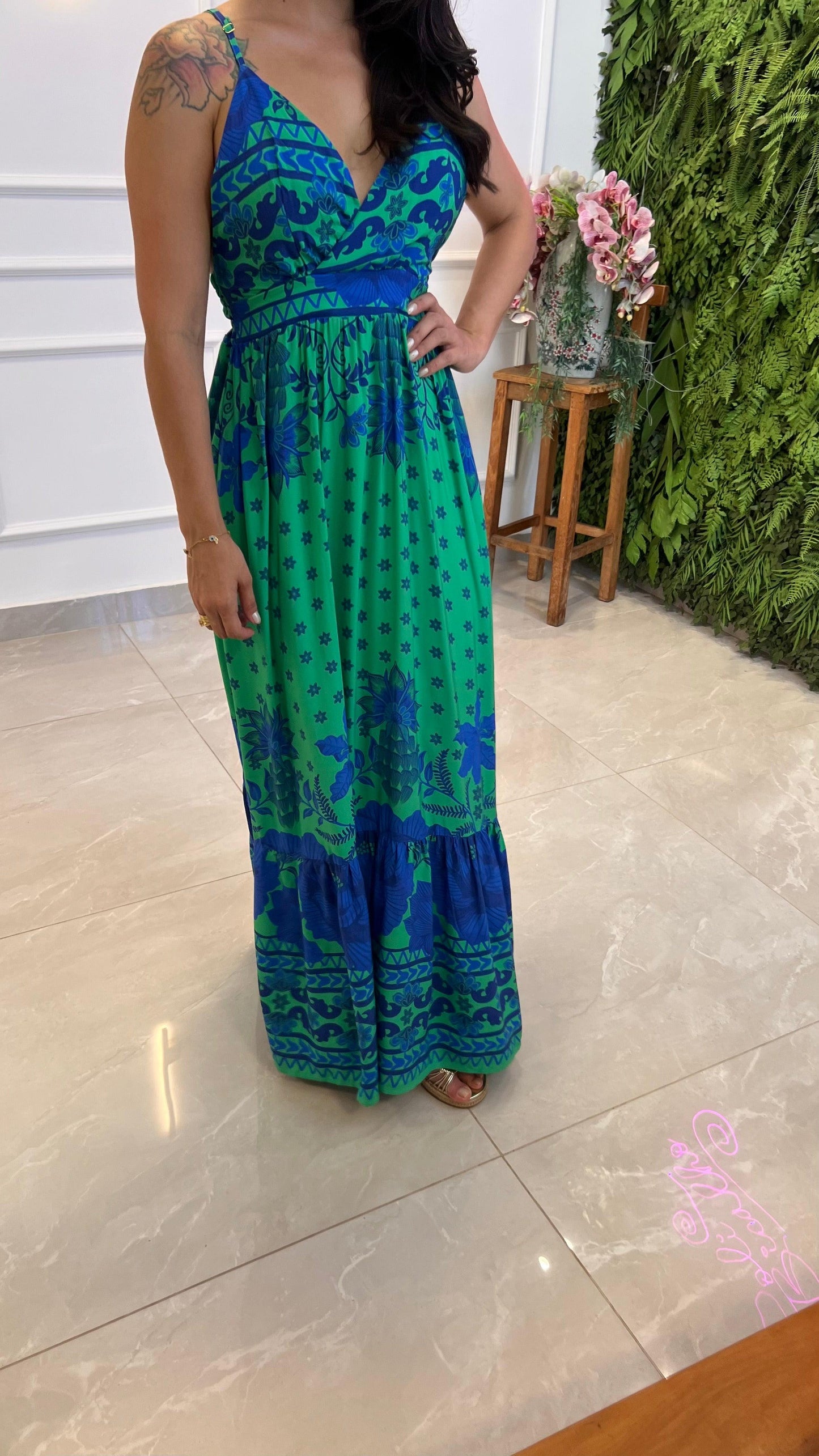 Vestido longo Azul e Verde ARTE- Estampado 4988