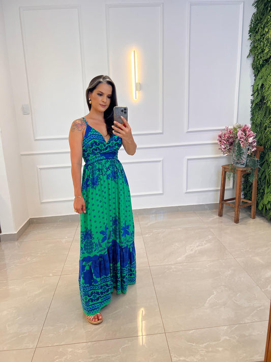 Vestido longo Azul e Verde ARTE- Estampado 4988