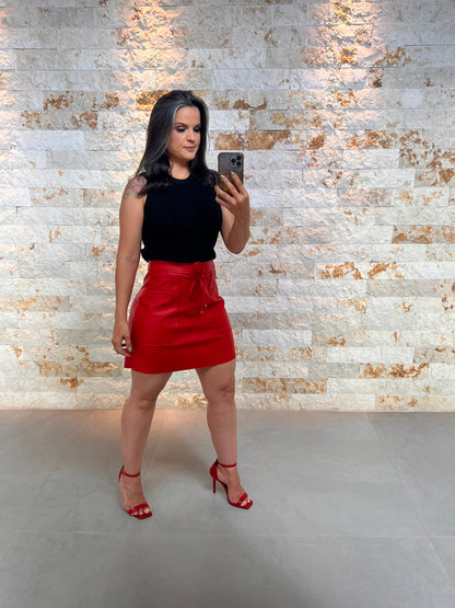 Saia Curta Couro Bolso - Liso Vermelho 5227