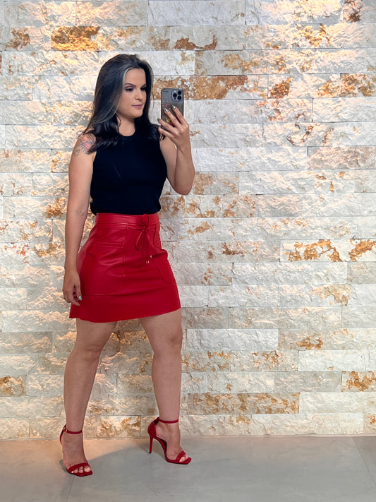 Saia Curta Couro Bolso - Liso Vermelho 5227