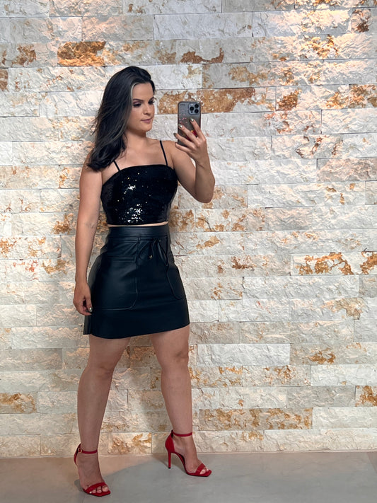 Saia Curta Couro Bolso -Liso   Preto 5227