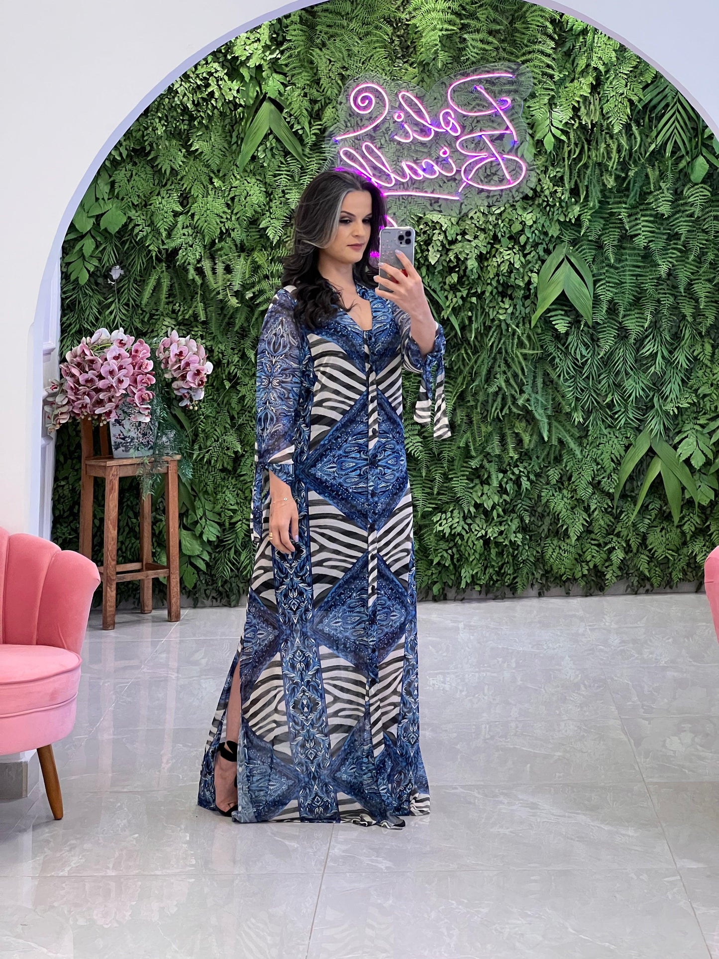 Chemisse Longa Azulejo Tule - Azul Estampado 4734