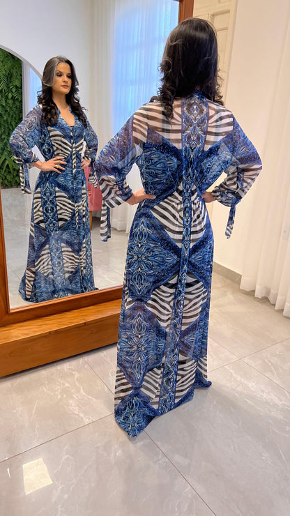 Chemisse Longa Azulejo Tule - Azul Estampado 4734