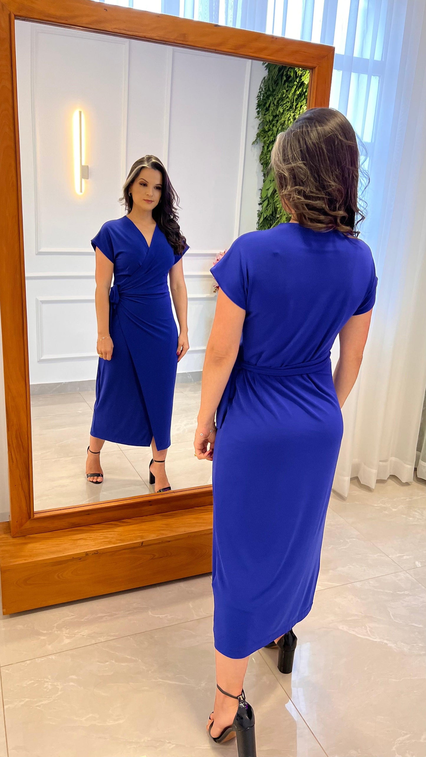 Short Sleeve Jersey Midi Envelope Dress - Blue