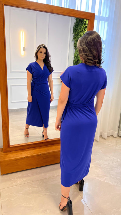 Short Sleeve Jersey Midi Envelope Dress - Blue