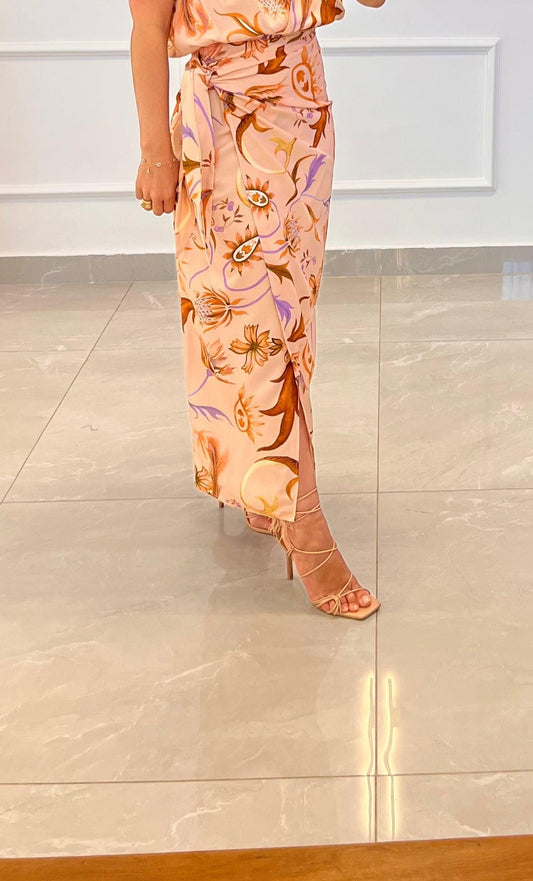 Foliage Crossover Midi Skirt - Rose Print