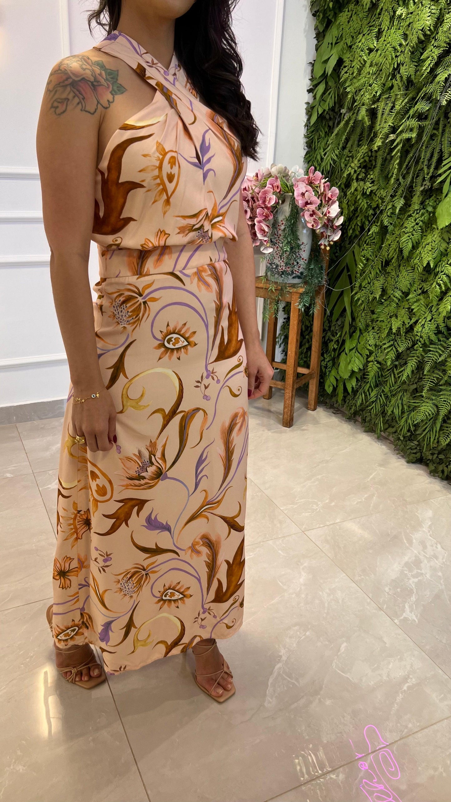 Foliage Longuete Crossover Dress - Rose print
