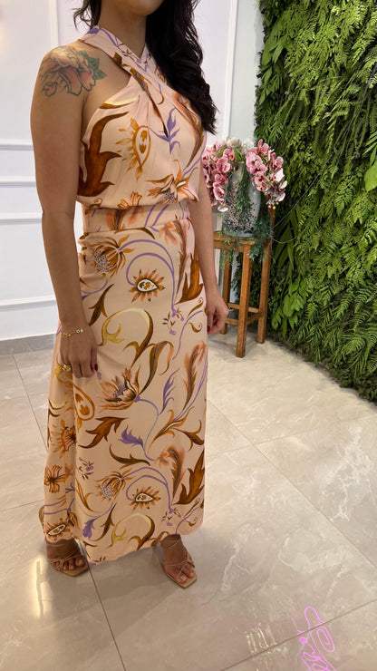 Foliage Longuete Crossover Dress - Rose print