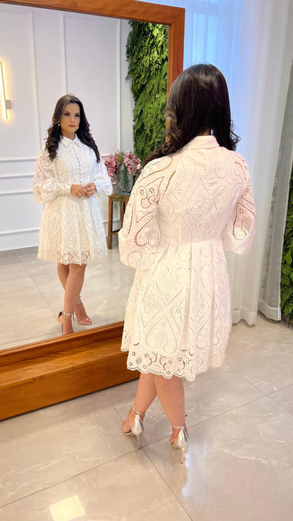 Vestido Curto Princes Guipir manga longa - Branco/Off 4756