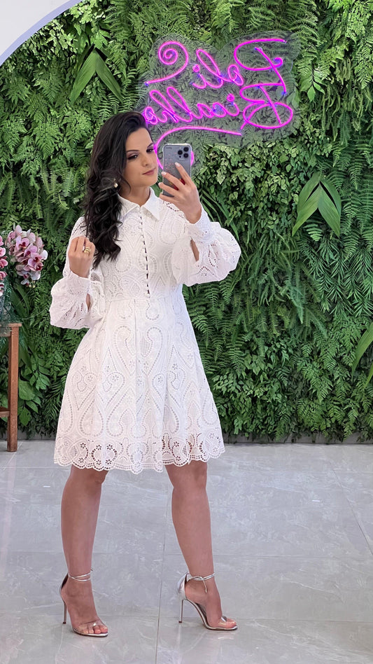 Vestido Curto Princes Guipir manga longa - Branco/Off 4756