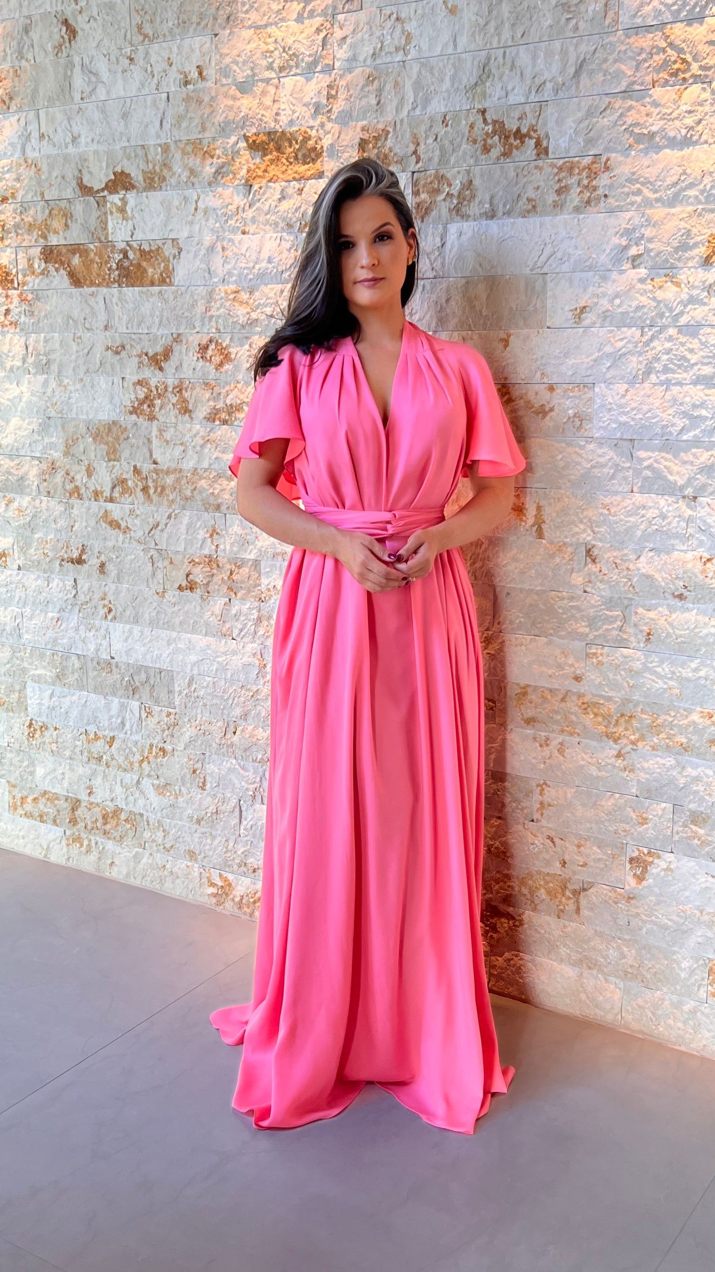 Vestido Longo Conf Tamanho Único Manguinha-  Rosa 2236