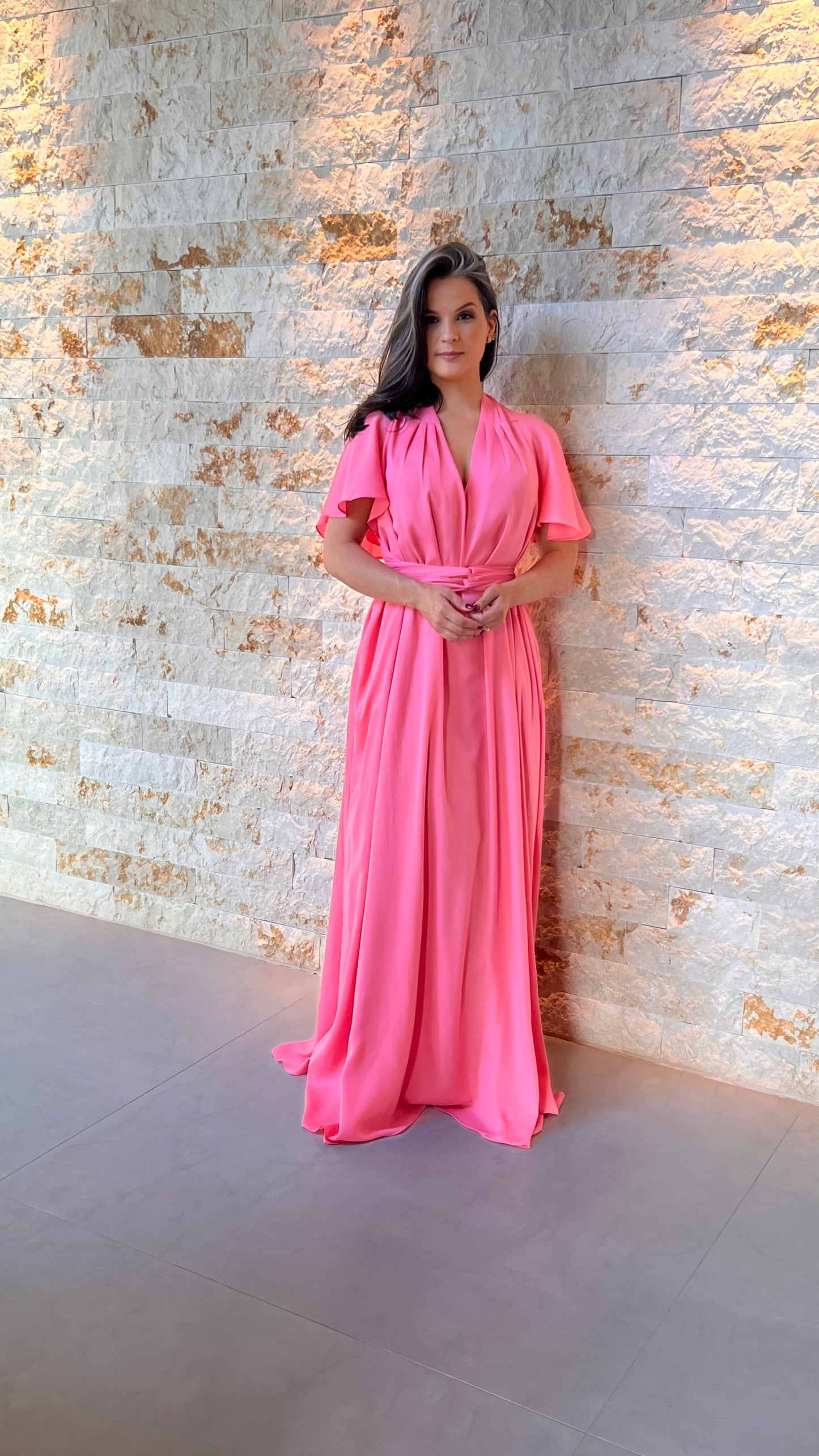 Vestido Longo Conf Tamanho Único Manguinha-  Rosa 2236