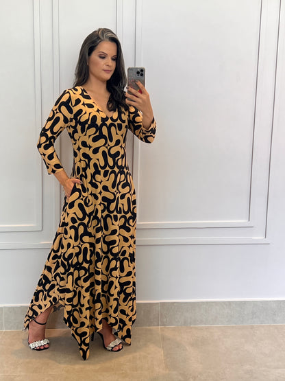 Vestido Longuete Solto Manga 3/4 - Estampado Bege 5050