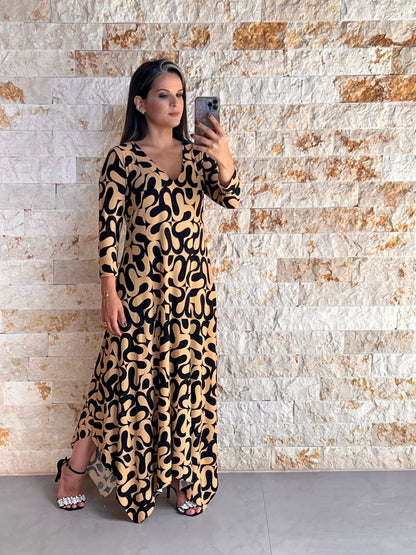 Vestido Longuete Solto Manga 3/4 - Estampado Bege 5050