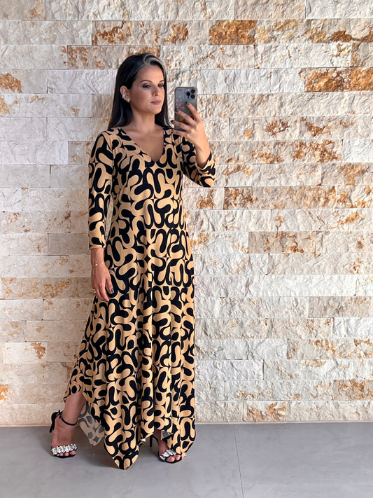Vestido Longuete Solto Manga 3/4 - Estampado Bege 5050