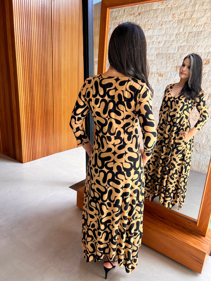 Vestido Longuete Solto Manga 3/4 - Estampado Bege 5050