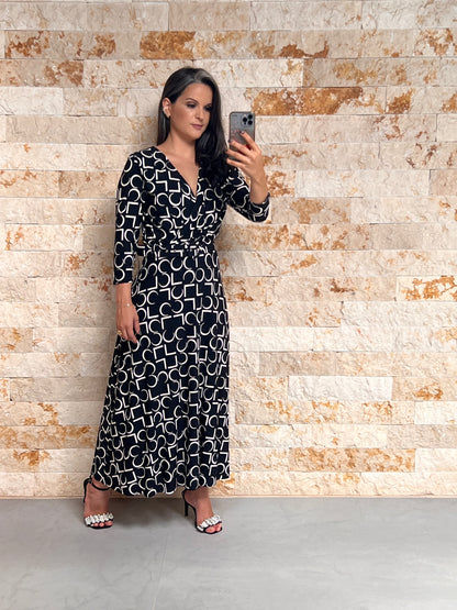 Vestido Midi Manga Cinto Jersey - Estampado P e B 5052