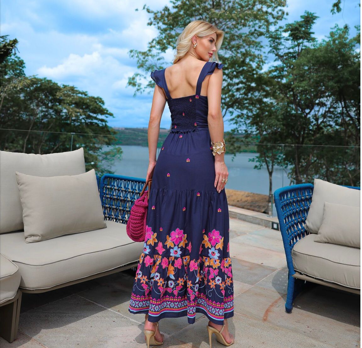 Conjunto Saia e Cropped Bordado PIS - Liso Azul Marinho Estampado 5420