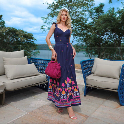 Conjunto Saia e Cropped Bordado PIS - Liso Azul Marinho Estampado 5420