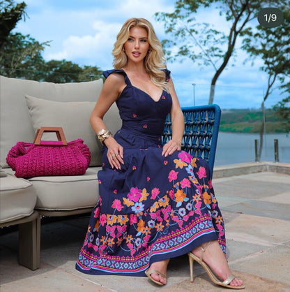 Conjunto Saia e Cropped Bordado PIS - Liso Azul Marinho Estampado 5420