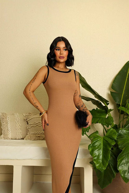 Vestido Regata Midi Malha Canelada Bicolor - Liso Nude 5484