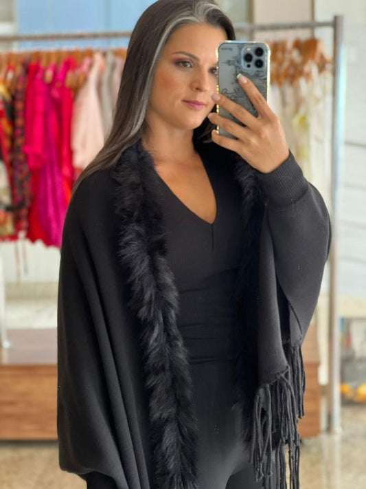 Pashimina Shawl With Leather View - Black