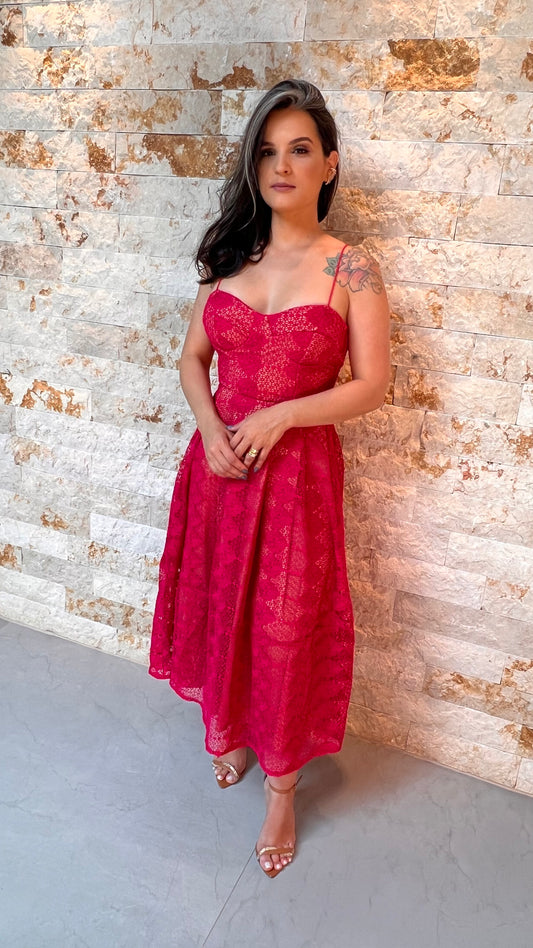Thin Straps Lace Midi Dress - Pink