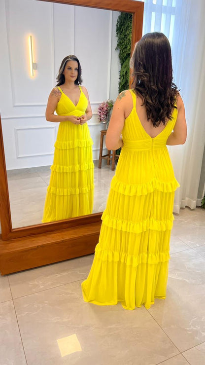 Vestido Longo Alça Fina Babado Tule - Liso Amarelo 4880