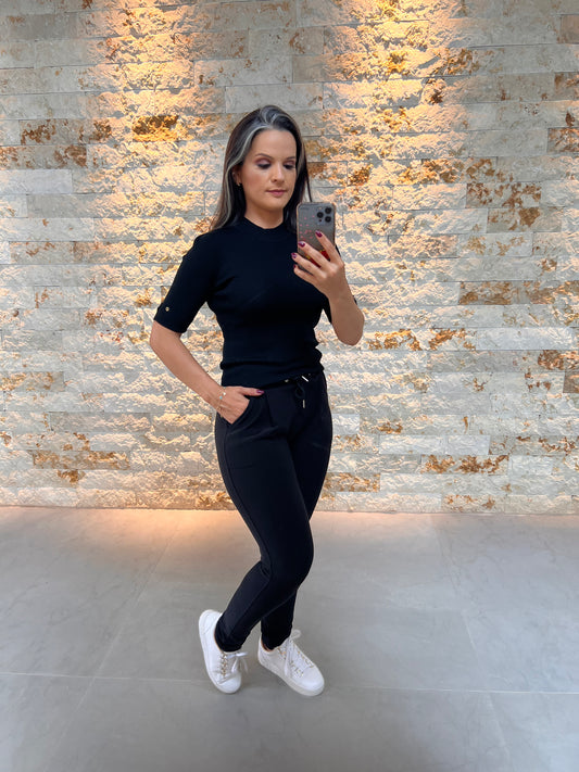 Calça Elástico Cintura Amarração SU -  Liso Preto 5062