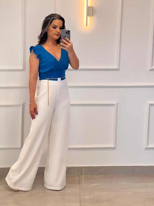 Blusa Cropped Manga Pregas Renda- Liso Azul 4873