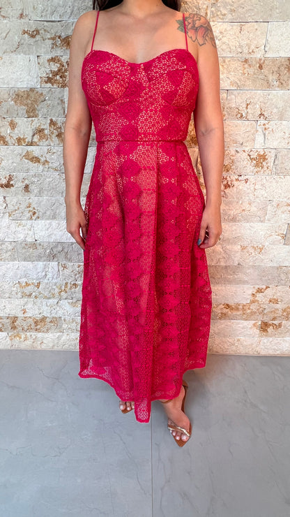 Thin Straps Lace Midi Dress - Pink