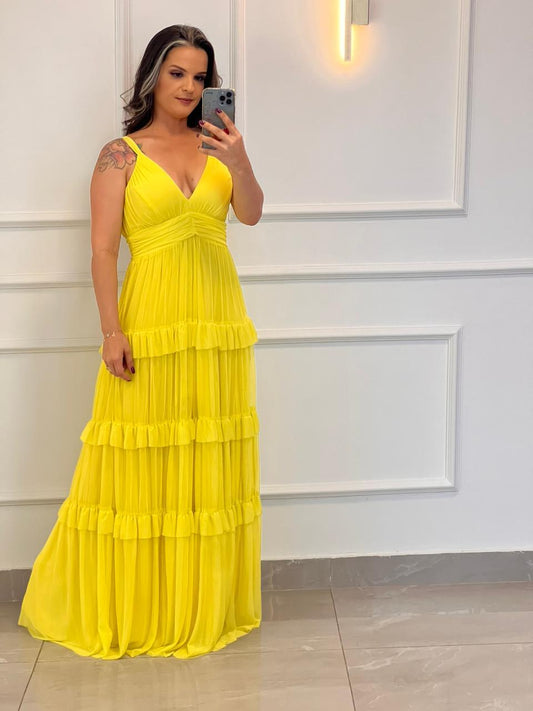 Vestido Longo Alça Fina Babado Tule - Liso Amarelo 4880