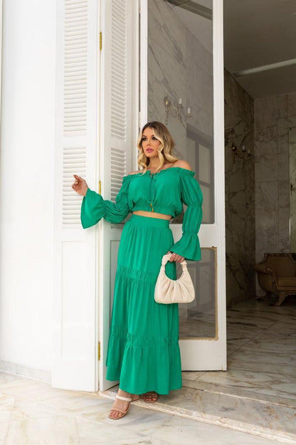 Cropped Shoulder to Shoulder Skirt Set - Green