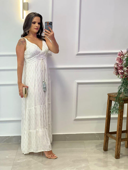 Desirre Long Dress V-neck PomPom - White