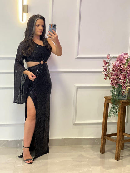 Long Sequin Dress Nula Slit Sleeve - Black